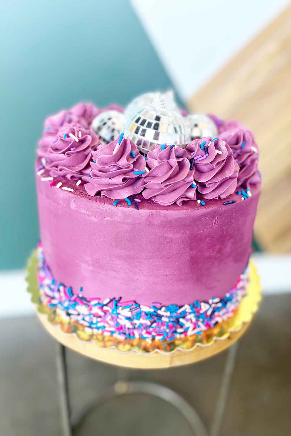 Custom Pink Cake with Disco Balls and Sprinkles